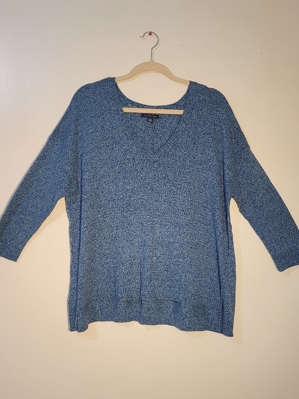AEO (Womens L) Blue Heather Cotton Blend Over-sized Drop-Shoulder V-Neck Sweater